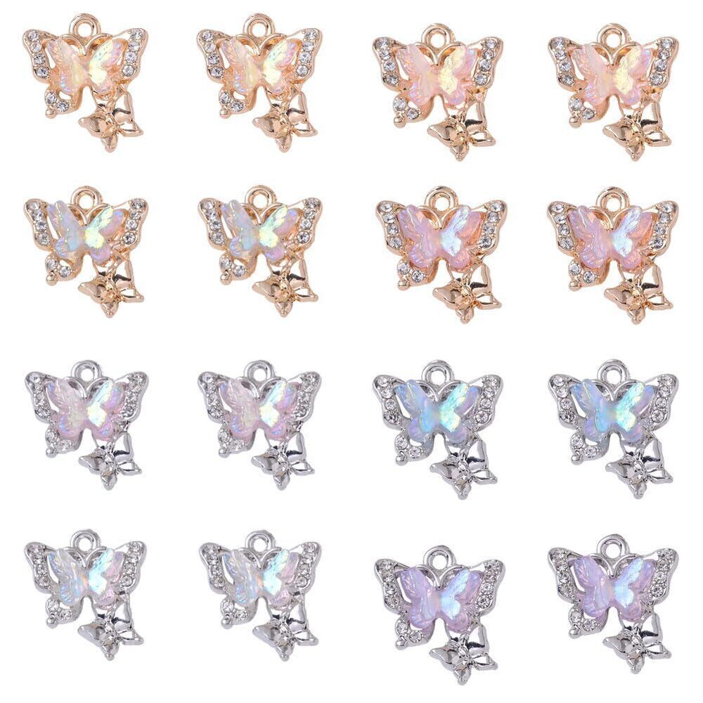 7274 Charming Colorful Crystal Butterfly Pendant Charm, 24 Pieces Cute 3D